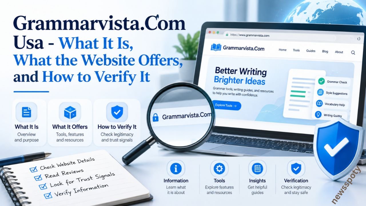 GrammarVista.com USA website overview explaining English grammar resources, writing guidance, website features, and domain verification.